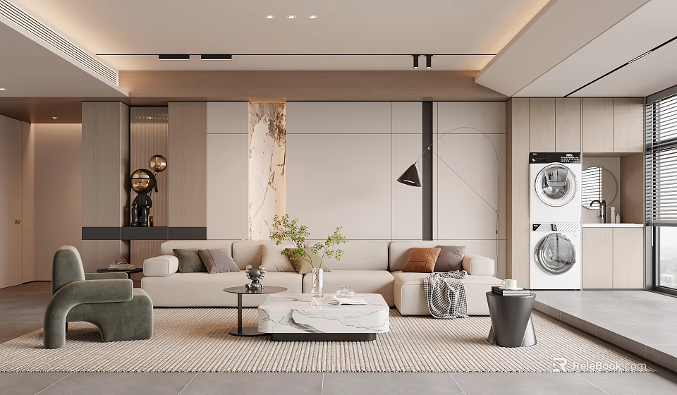 Elegant Modern Living Room Interior With Beige Sofa Marble Coffee Table Greenery And Floor Lamp 3d model 