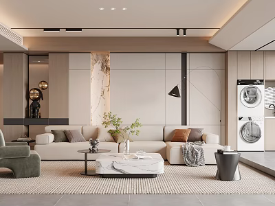 Elegant Modern Living Room Interior With Beige Sofa Marble Coffee Table Greenery And Floor Lamp 3d model