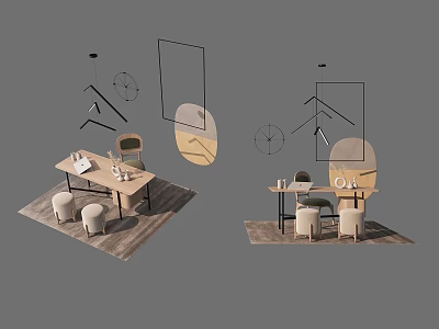 Modern Desk Interior Setup With Chair Table Lamp Stools And Wall Decor On Rug 3d model