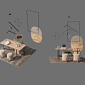 Modern Desk Interior Setup With Chair Table Lamp Stools And Wall Decor On Rug