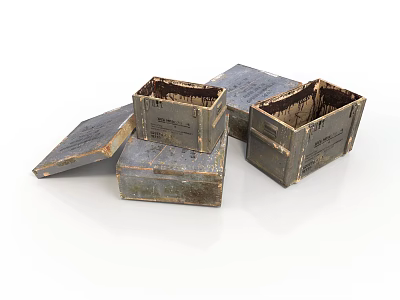 Worn Metal Boxes With Open And Closed Lids And Surface Text Details 3d model