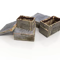 Worn Metal Boxes With Open And Closed Lids And Surface Text Details