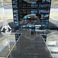 High Tech Control Room With Multiple Screens Earth Image Glass Walls And Reflective Floor