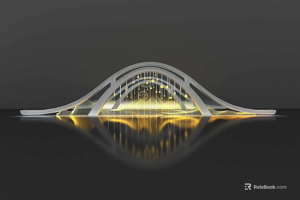 Modern Curved Bridge Design With Illuminated Structure And Water Reflection 3d model 