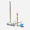 Croquet Sports Equipment Including Wooden Mallet Colored Stake Blue Ball and Wicket