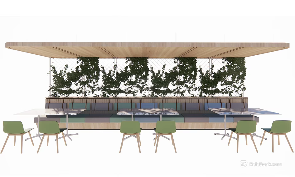 Outdoor Dining Table Set With Wooden Canopy Hanging Green Plants Bench Seats And Green Chairs 3d model 