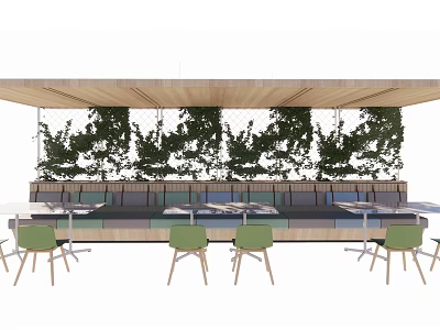 Outdoor Dining Table Set With Wooden Canopy Hanging Green Plants Bench Seats And Green Chairs 3d model