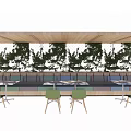 Outdoor Dining Table Set With Wooden Canopy Hanging Green Plants Bench Seats And Green Chairs