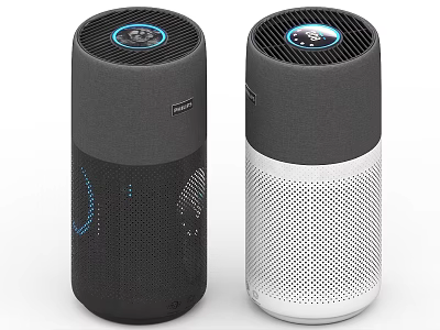 Modern Black and White Cylindrical Smart Speakers With Mesh Surface and LED Indicators 3d model