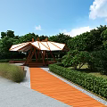 White Umbrella Shaped Pavilion With Wooden Walkway And Surrounding Green Trees On Paved Ground