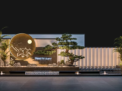 Oriental Landscape Design Featuring Round Moon Artwork Pine Trees And Stone Elements 3d model
