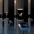 Modern Tech Inspired Column Style Display Shelves With Illuminated Stands In Exhibition Space