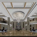 Hotel Lobby Elegant Interior With Chandelier Marble Floor Staircases Columns And Sofas