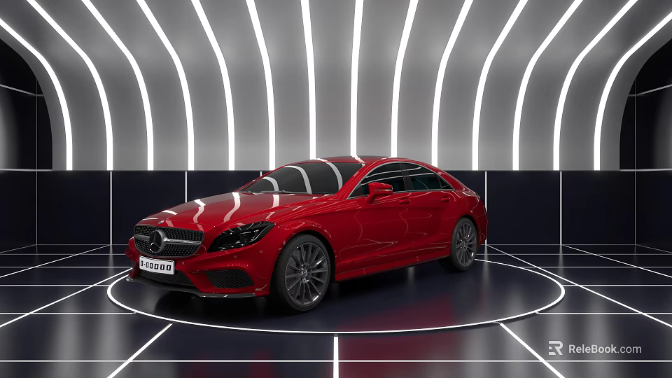 Shiny Red Luxury Sedan In Modern Showroom With Curved White Lights 3d model 