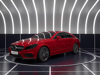 Shiny Red Luxury Sedan In Modern Showroom With Curved White Lights 3d model