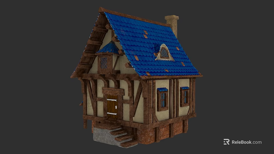 Traditional Detached Villa With Blue Tiled Roof Half Timbered Design Chimney And Stone Steps 3d model 