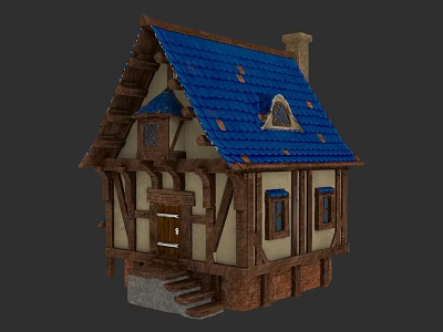 Traditional Detached Villa With Blue Tiled Roof Half Timbered Design Chimney And Stone Steps 3d model