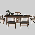 Traditional Wooden Tea Table and Chairs in Minimalist Setting With Potted Plant and Tea Set