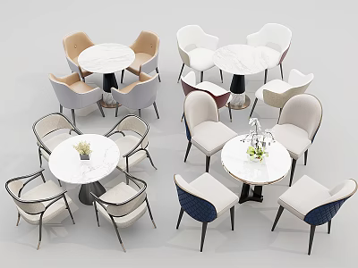 Modern Round Dining Table Set With Marble Top And Beige White Navy Upholstered Chairs 3d model