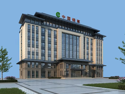Modern Chinese Style Office Building With Large Glass Windows Beige Dark Exterior Plaza And Greenery 3d model