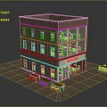 Three Story Red Brick Coffee Shop Building With Ground Floor Signboard And Outdoor Tables Chairs