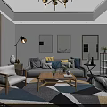 Modern Living and Dining Room Interior With Wooden Dining Table Chairs Pendant Light And Cabinets