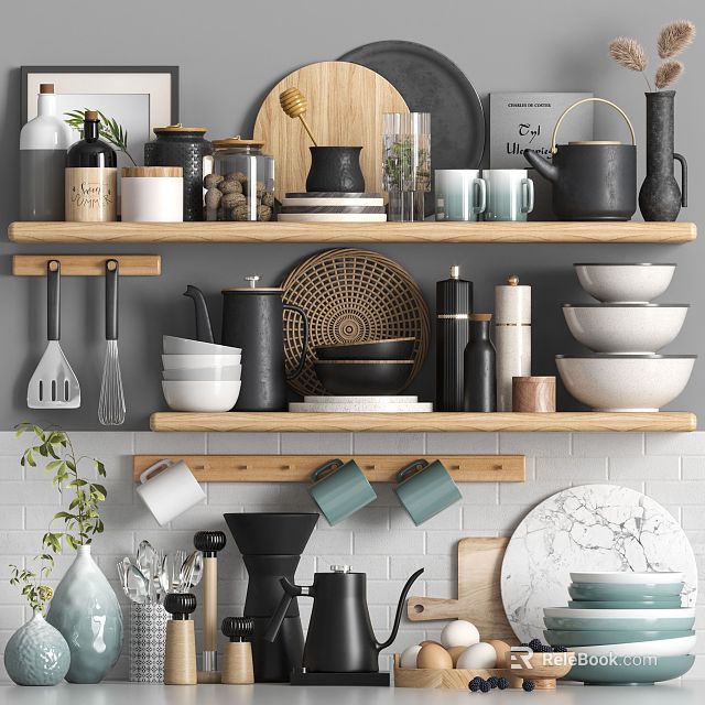 Variety Of Kitchenware Neatly On Open Shelves In Modern Kitchen 3d model 