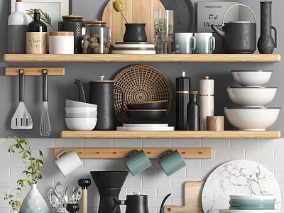 Variety Of Kitchenware Neatly On Open Shelves In Modern Kitchen 3d model