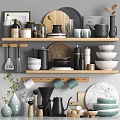 Variety Of Kitchenware Neatly On Open Shelves In Modern Kitchen