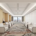Modern Conference Room With Neatly Arranged White Sofa Seats Patterned Carpet And City View Windows