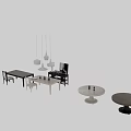 Modern Dining Room Interior With Table And Chairs Set Hanging Pendant Lights And Tableware