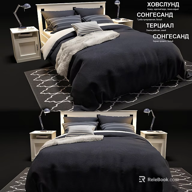 Double Bed With Dark Bedspread Pillows White Nightstands And Patterned Rug 3d model