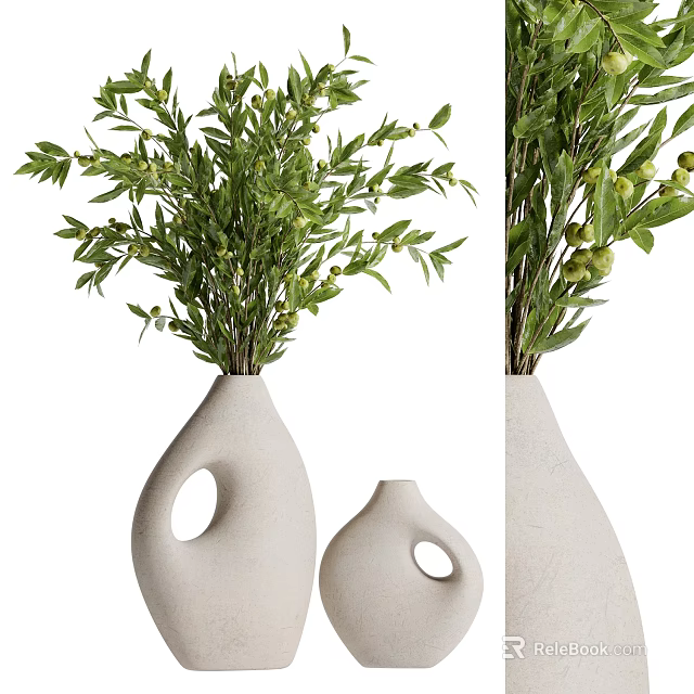White Cutout Design Vases With Green Leaves And Small Fruits Floral Arrangement Decor 3d model 