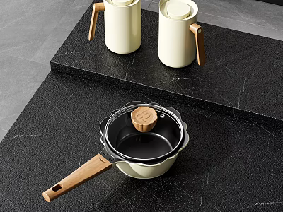 Stylish White Kitchenware With Wooden Handles Saucepan And Mugs On Black Countertop 3d model
