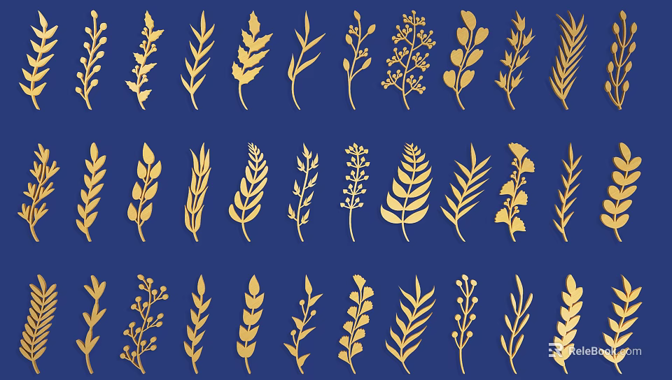 Golden Crop Leaves and Wheat Patterns on Blue Background for Decorative Design 3d model 