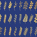 Golden Crop Leaves and Wheat Patterns on Blue Background for Decorative Design