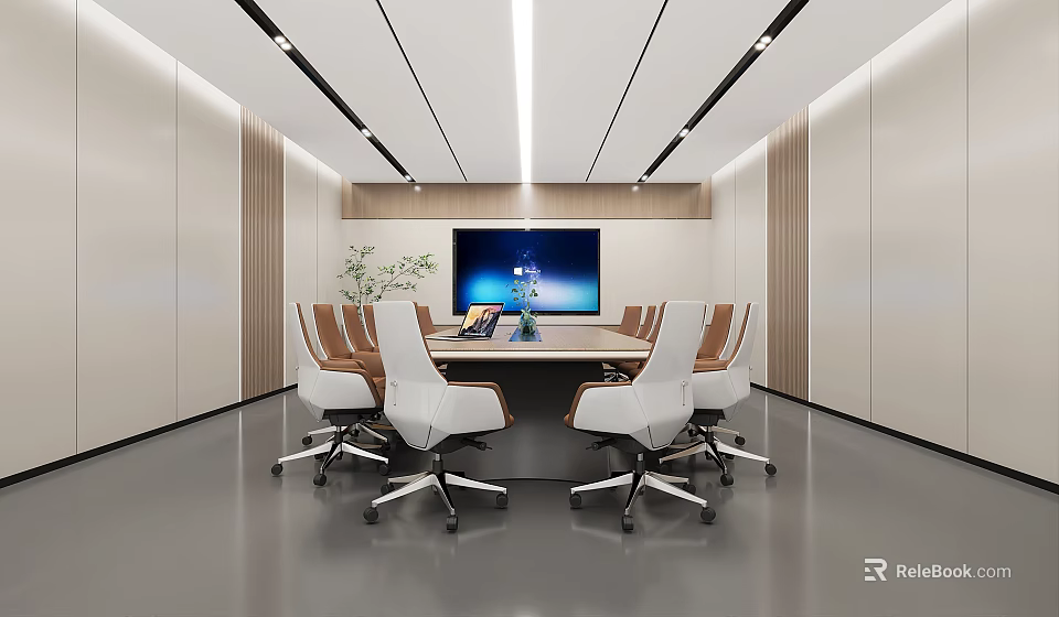 Modern Conference Room Interior With Large Screen Conference Table Wooden Accents And Chairs 3d model 