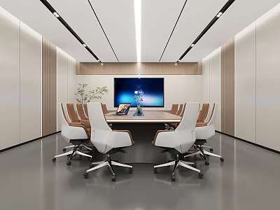 Modern Conference Room Interior With Large Screen Conference Table Wooden Accents And Chairs 3d model
