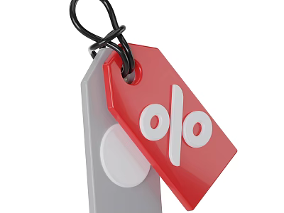 Red Tag Hanging Ornament With Black Loop White Percent Sign And Gray Base 3d model