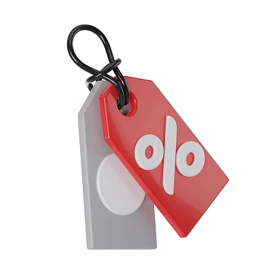 Red Tag Hanging Ornament With Black Loop White Percent Sign And Gray Base 3d model