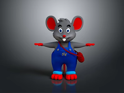 Cartoon Mouse Character With Red Ears Blue Overalls OIC On Chest Red Gloves Open Arms 3d model