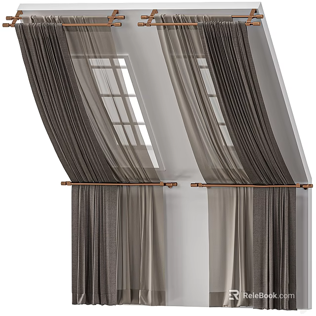 Modern Gray Double Layer Curtains With Wooden Rods On Home Windows 3d model 