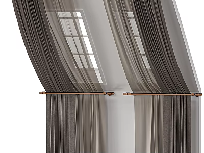 Modern Gray Double Layer Curtains With Wooden Rods On Home Windows 3d model