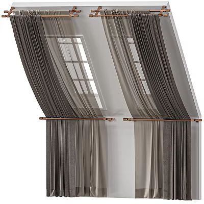 Modern Gray Double Layer Curtains With Wooden Rods On Home Windows 3d model