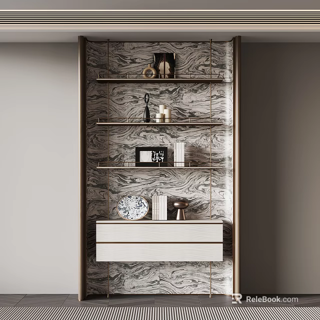 Modern Bookcase With Marble Texture Shelves Decorative Items And Drawers 3d model 