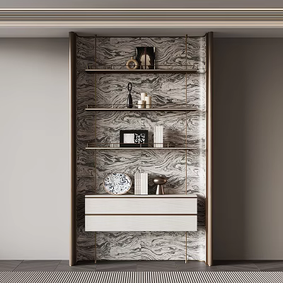 Modern Bookcase With Marble Texture Shelves Decorative Items And Drawers 3d model