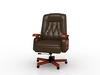 Brown Leather Office Chair With Ergonomic Design Padded Armrests Wooden Base And Swivel Wheels 3d model