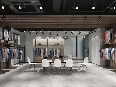 Modern Minimalist Clothing Store Interior With Wooden Shelves Spotlights And Table With White Chairs 3d model