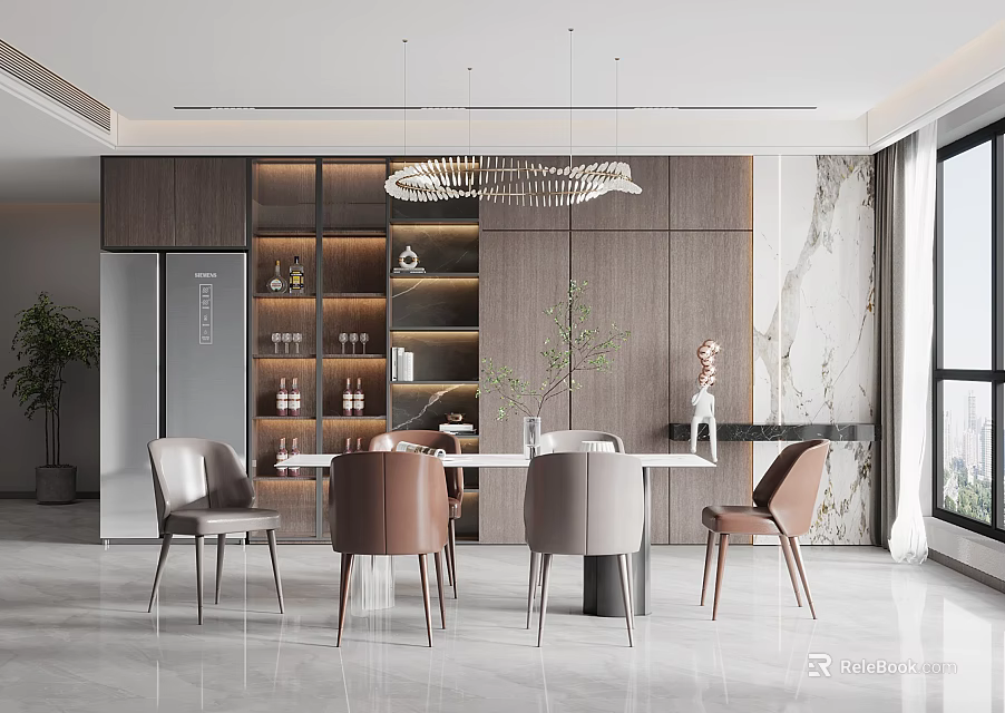 Modern Restaurant Interior With Wooden Walls Marble Elements Hanging Lights Dining Table Chairs 3d model