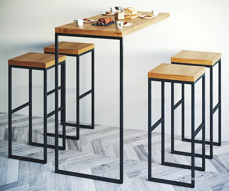 Contemporary Bar Counter Design With Wooden Top Black Metal Legs Bar Stools And Cups 3d model 